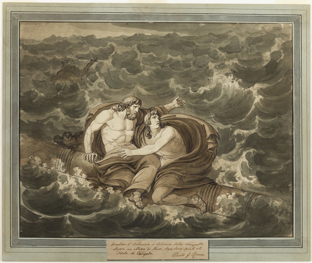 Mentor og Telemachus, etter å ha overlevd stormen, er ivrige til øya Calypso på en mast, fra The Adventures of Telemachus, bok 6 av Bartolomeo Pinelli