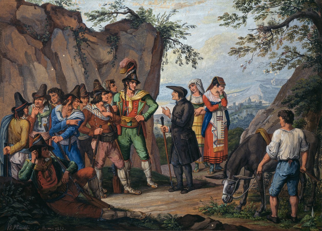 Forhandlinger om overgivelse mellom brigand Gasparone og erkeprest Pellegrini av Bartolomeo Pinelli