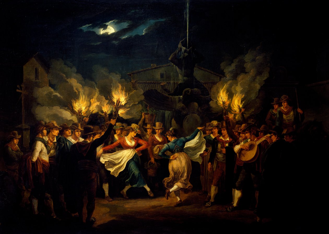Nattdans på Piazza Barberini etter høsting, av Bartolomeo Pinelli (1781-1835), Italia av Bartolomeo Pinelli