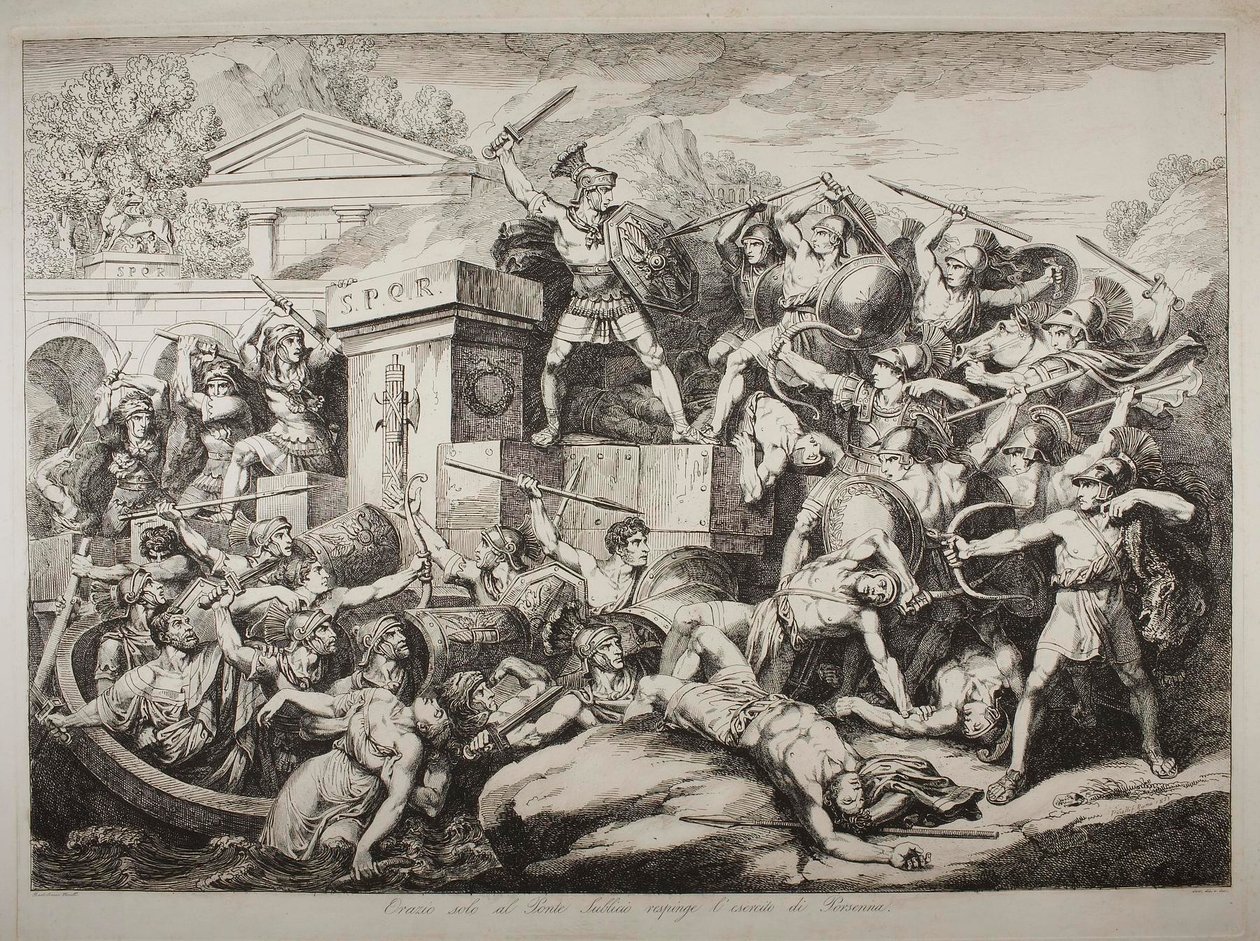 Horatius Cocles driver alene Lars Porsenas hær tilbake på Pons Sublicius av Bartolomeo Pinelli