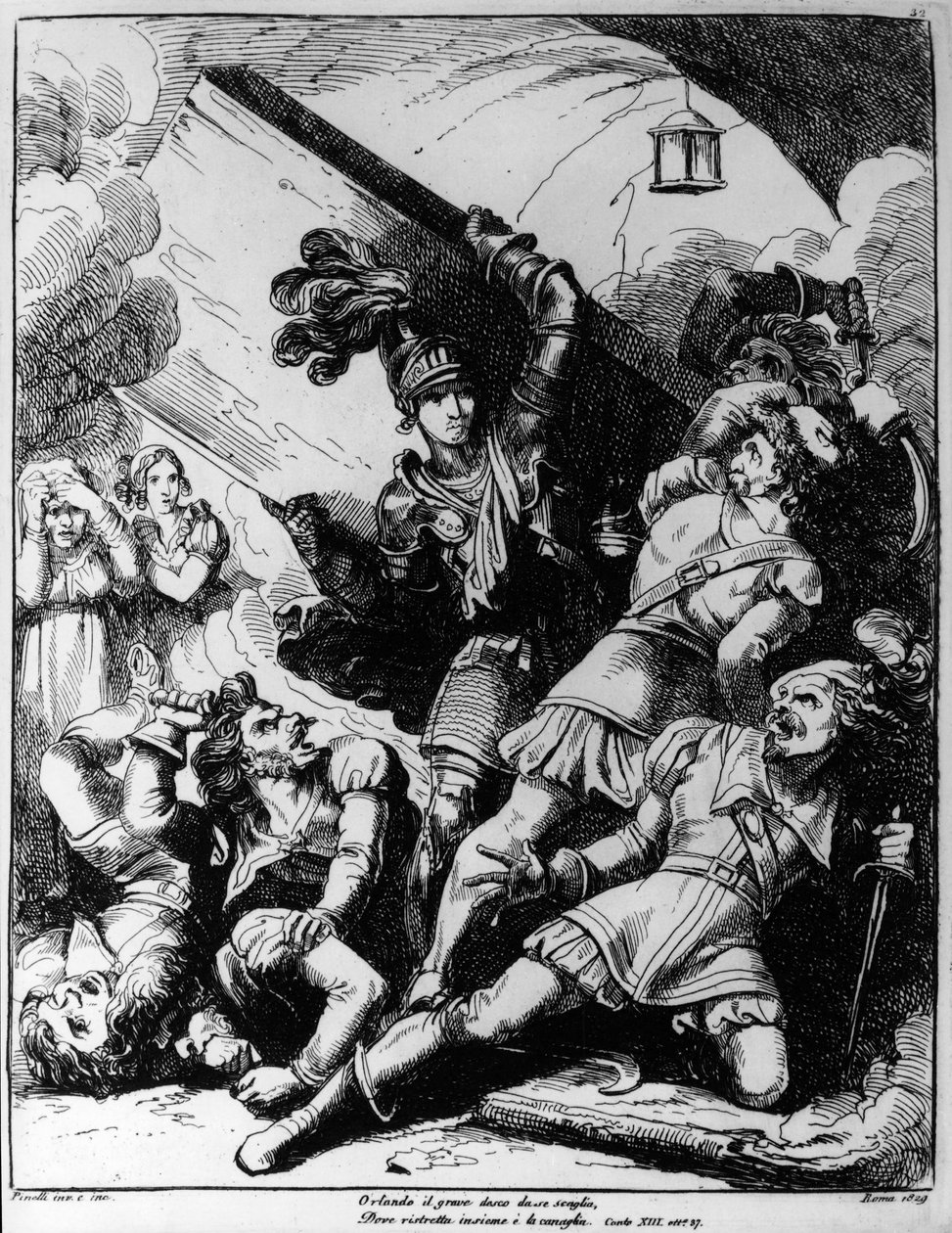 Orlando kaster trebrett mot tjue væpnede menn, illustrasjon av Bartolomeo Pinelli (1781-1835) for Canto XIII av Orlando Furioso av Ludovico Ariosto (1474-1533) av Bartolomeo Pinelli