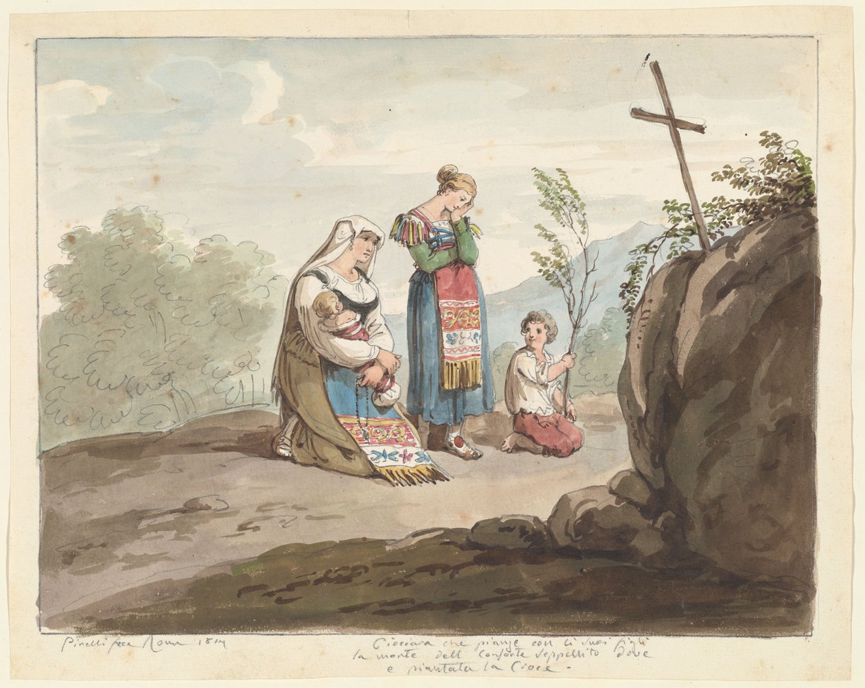 Bondekvinne med sine barn som gråter ved gravstedet med et kors, illustrasjon til boken «Romerske drakter og skikker» av Bartolomeo Pinelli