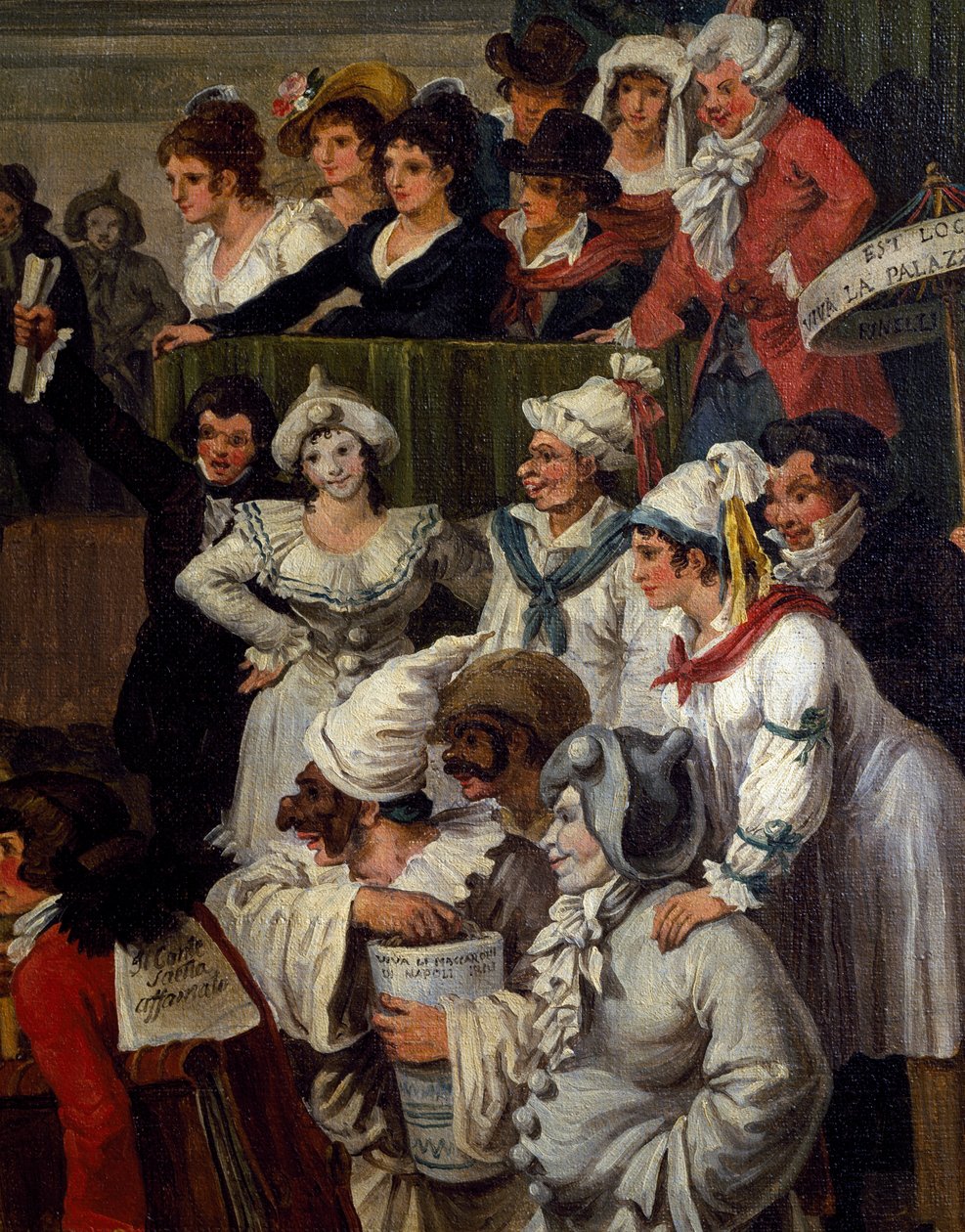 Pulcinella med annen karnevalskarakter, detalj fra The Berber hesteveddeløp i Roma under karneval av Bartolomeo Pinelli