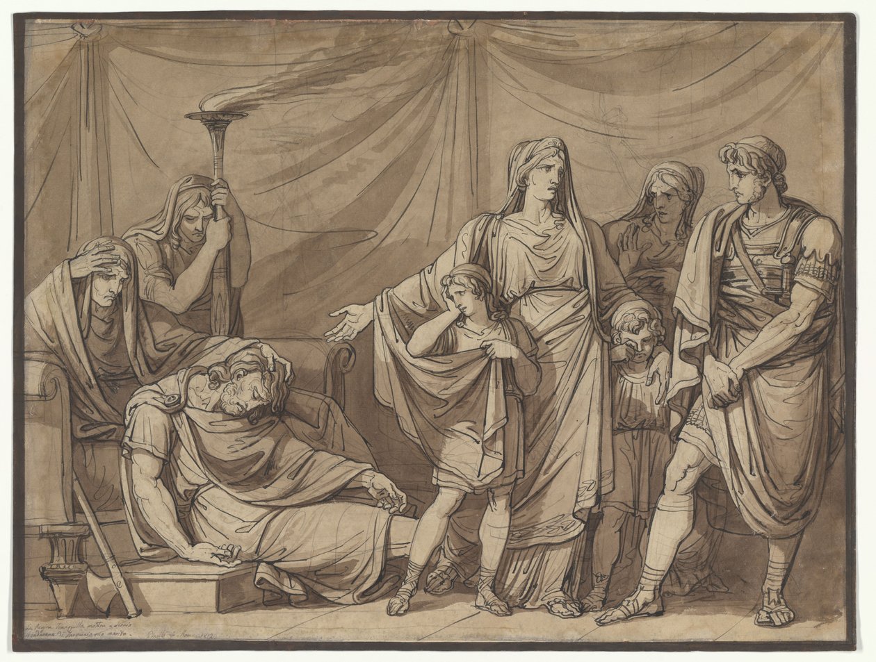 Dronning Tranquilla blir vist liket av ektemannen Tarquinius, illustrasjon til Charles Rollins romerske historie av Bartolomeo Pinelli