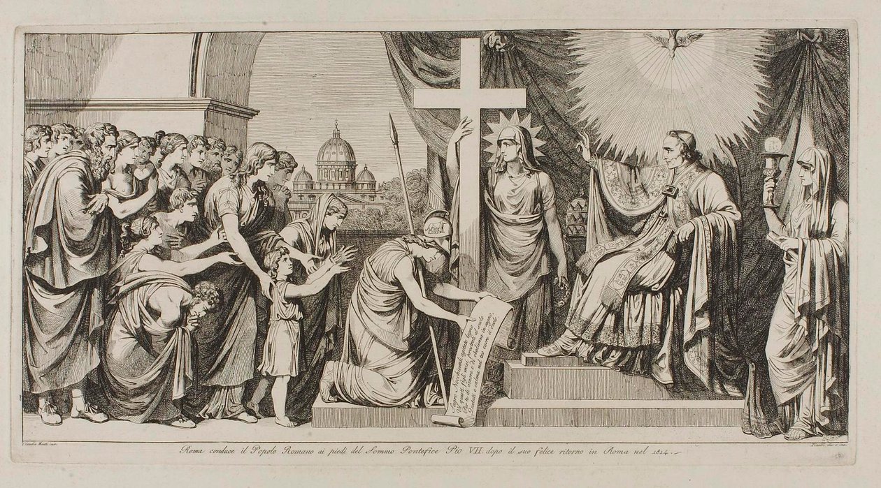 Roma leder det romerske folket til Pius VII etter hans tilbakekomst til Roma i 1814 av Bartolomeo Pinelli