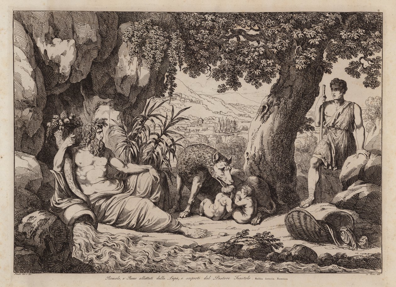 Romulus og Remus diet av ulvehunnen, og oppdaget av gjeteren Faustulus (etsning) av Bartolomeo Pinelli