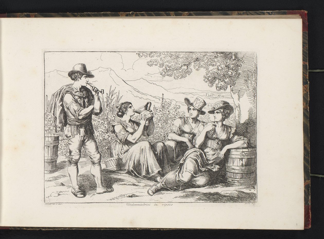 Hvilende vindrikkere Vendemmia Trici in riposo (tittel på objekt) Kostymetrykk med figurer fra Roma og omegn (serietittel) Nuova raccolta di cinquanta costumi de contorni di Roma (serietittel) av Bartolomeo Pinelli