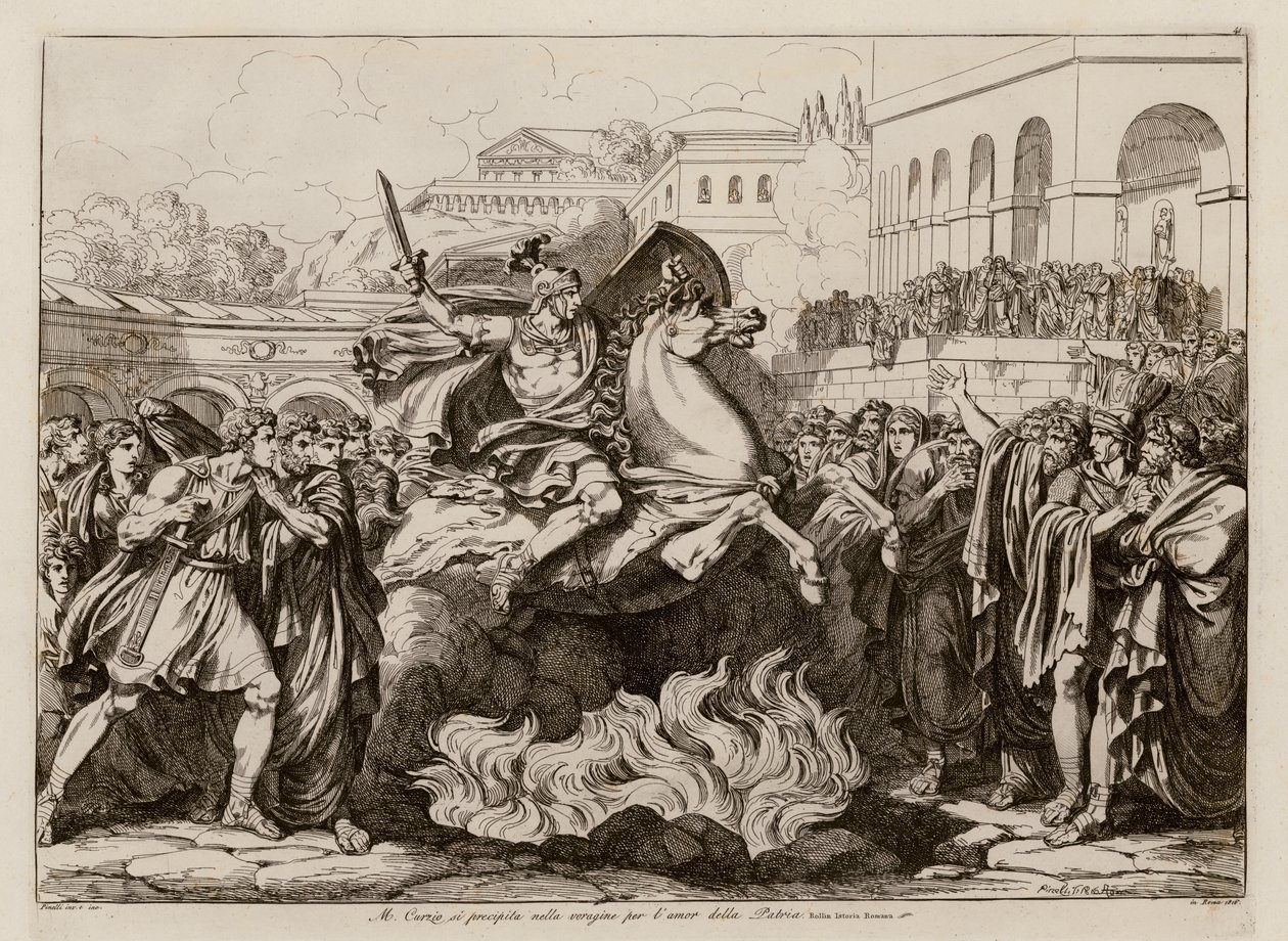Marcus Curtius#39; offerdød (etsning) av Bartolomeo Pinelli
