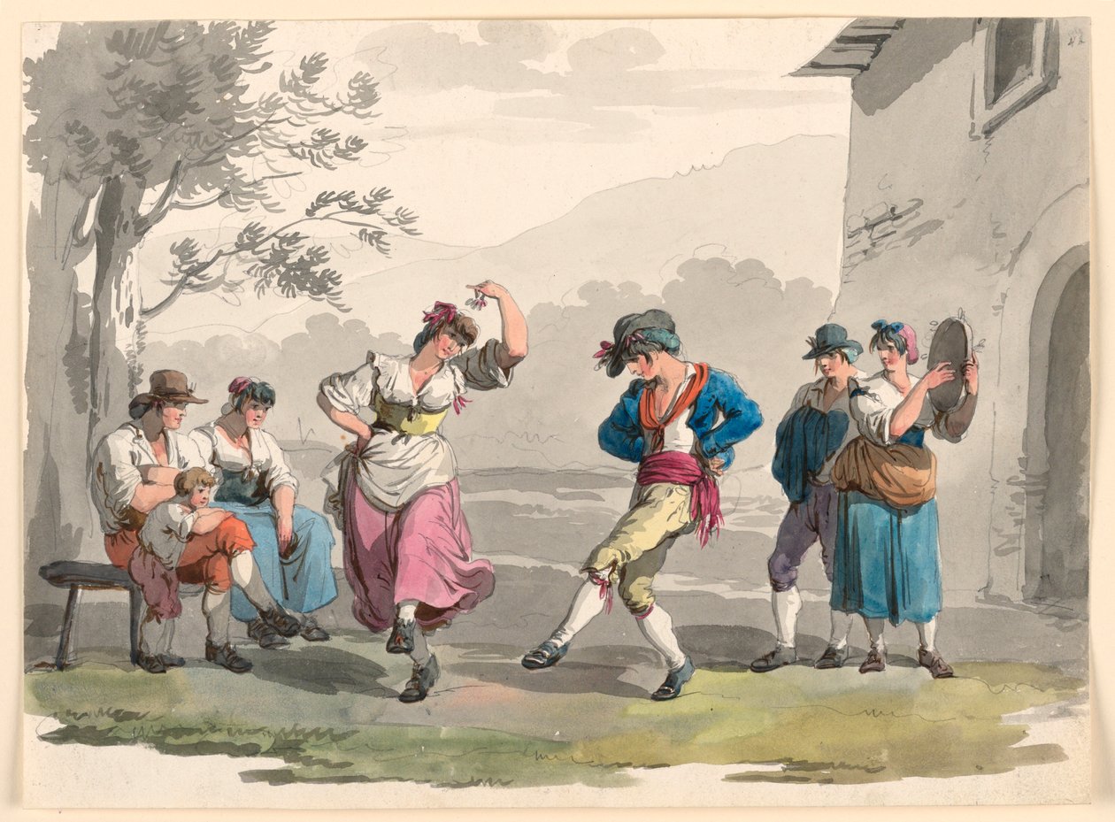 "Saltarello Romano," Dansende bønder i nabolaget til Roma av Bartolomeo Pinelli
