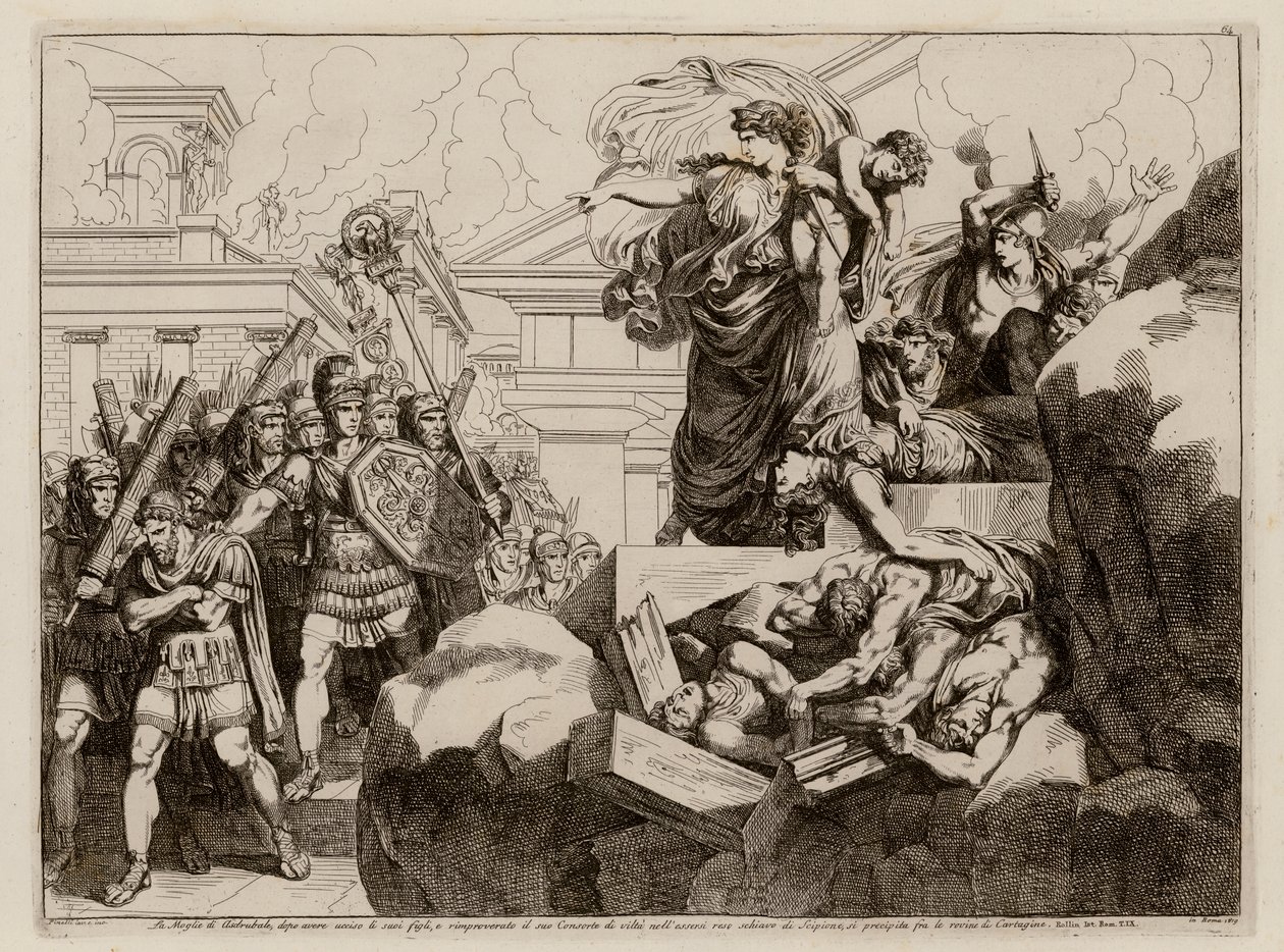 Selvmord til Hasdrubals kone (etsing) av Bartolomeo Pinelli