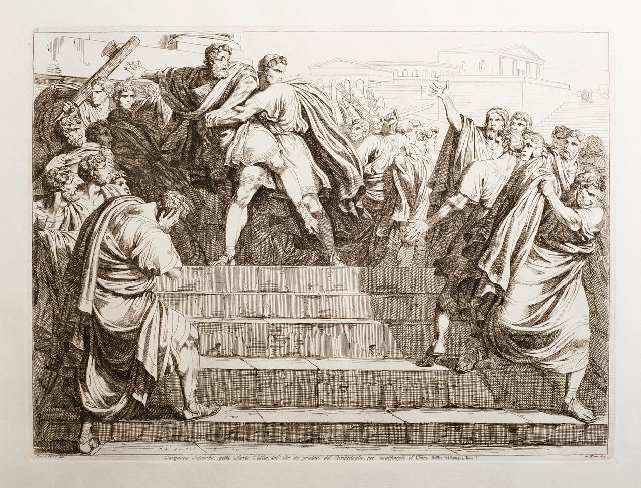 Tarquinius Superbus kaster Servius Tullius ned trappene på Kapitol av Bartolomeo Pinelli