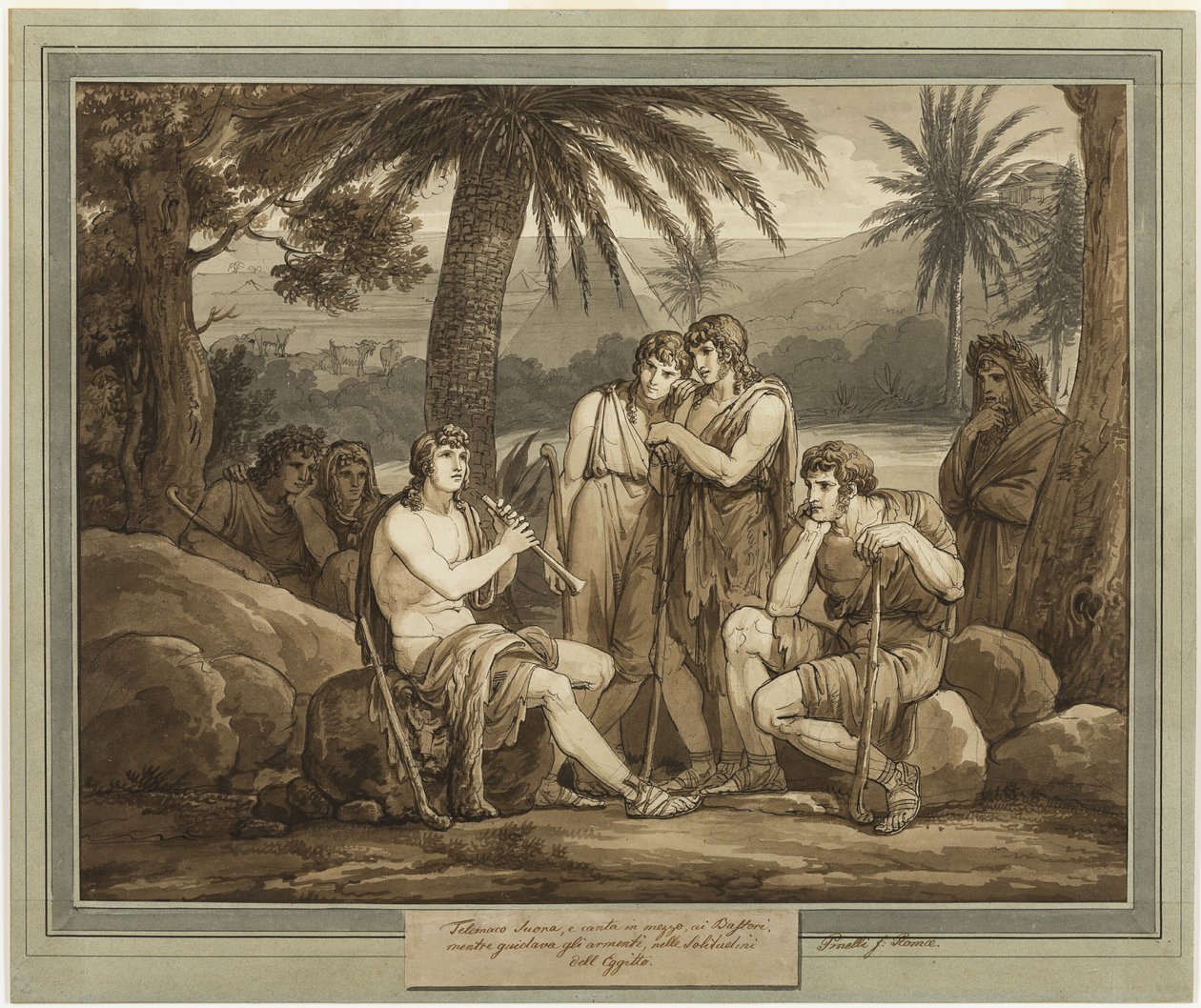 Telemachus spiller og synger for hyrdene i Egypt, fra The Adventures of Telemachus, bok 2 av Bartolomeo Pinelli