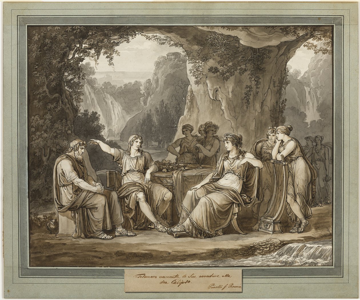 Telemachus relaterer sine eventyr til gudinnen Calypso, fra The Adventures of Telemachus, bok 1 av Bartolomeo Pinelli