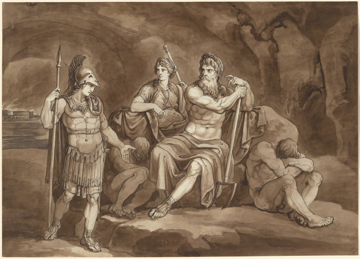 Telemachus ber om tillatelse fra Pluto til å søke sin far i underverdenen av Bartolomeo Pinelli