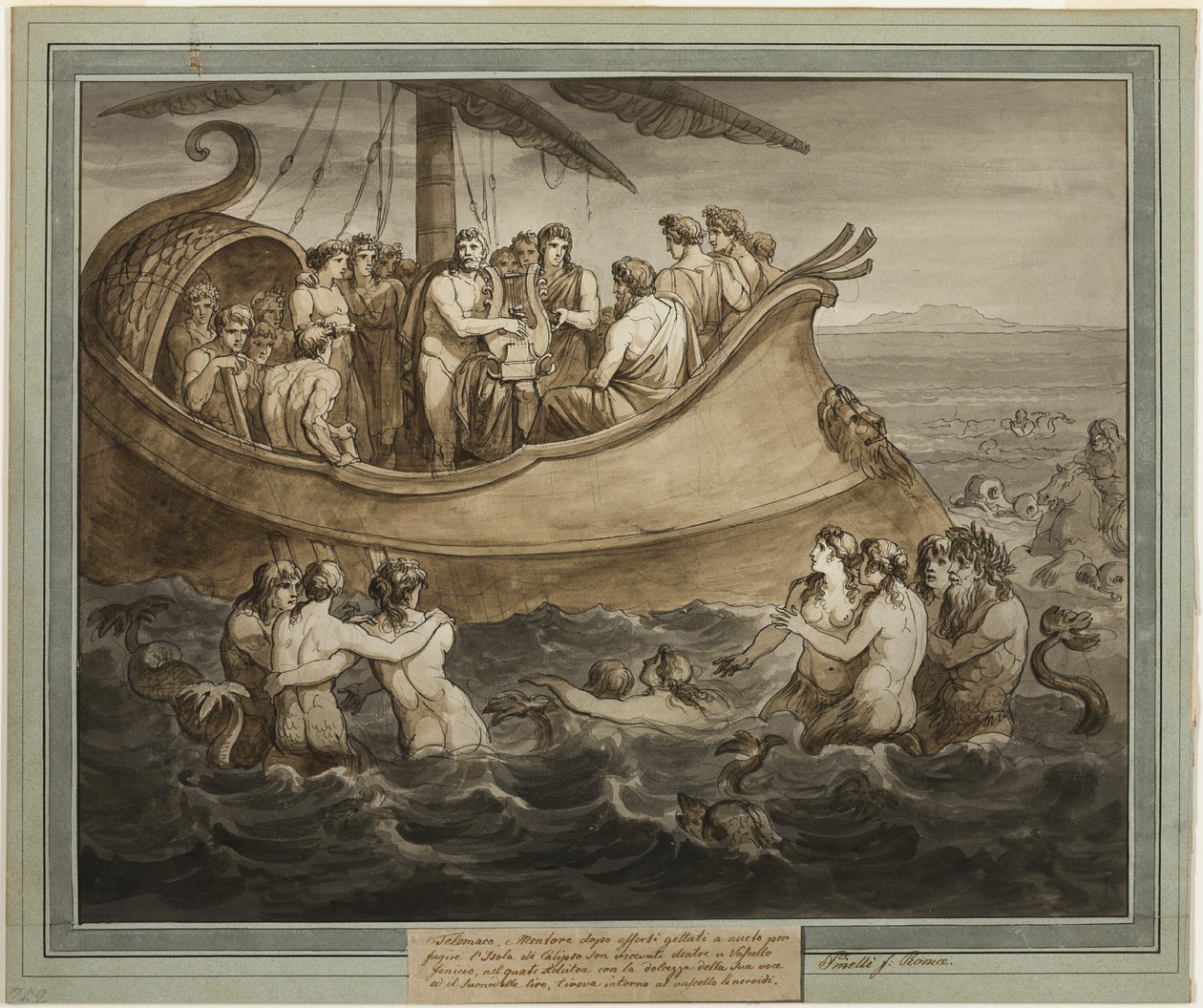 Telemachus og mentor i en bysse etter å ha flyktet fra øya Calypso, fra The Adventures of Telemachus, bok 8 av Bartolomeo Pinelli