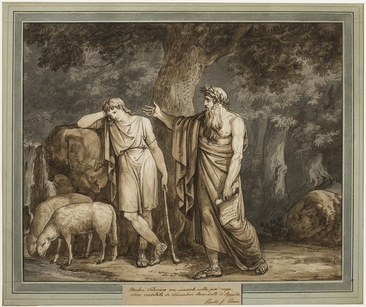 Telemachus trøstes av Termosiris, Apollos prest, fra The Adventures of Telemachus, bok 2 av Bartolomeo Pinelli