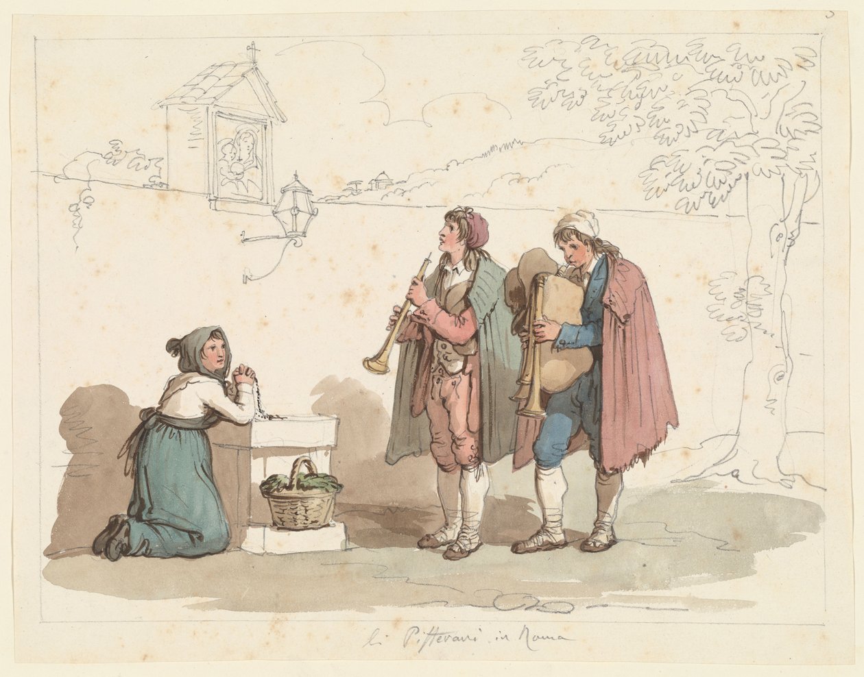 Seckepipespilleren og fløytespilleren i Roma, illustrasjon til Romerske drakter og skikker av Bartolomeo Pinelli