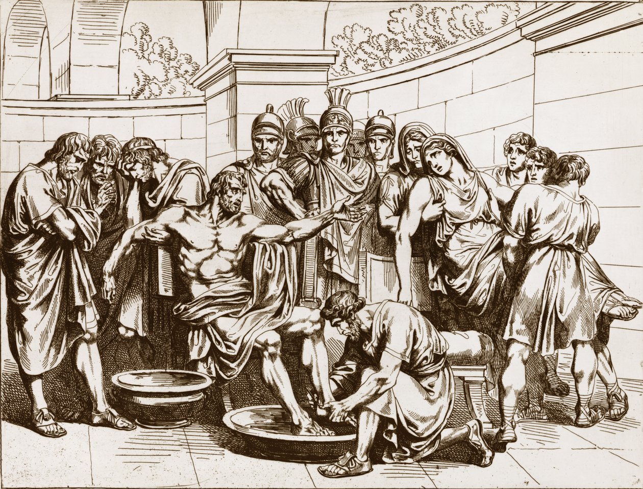 Den romerske filosofen Seneque (Lucius Annaeus Seneca, 4 f.Kr.-65 e.Kr. JC), anklaget for å ha deltatt i en konspirasjon mot keiser Neron, ble beordret til å begå selvmord - gravering av Bartolomeo Pinelli - Death of Seneca, gravering av Bartolomeo Pinelli av Bartolomeo Pinelli
