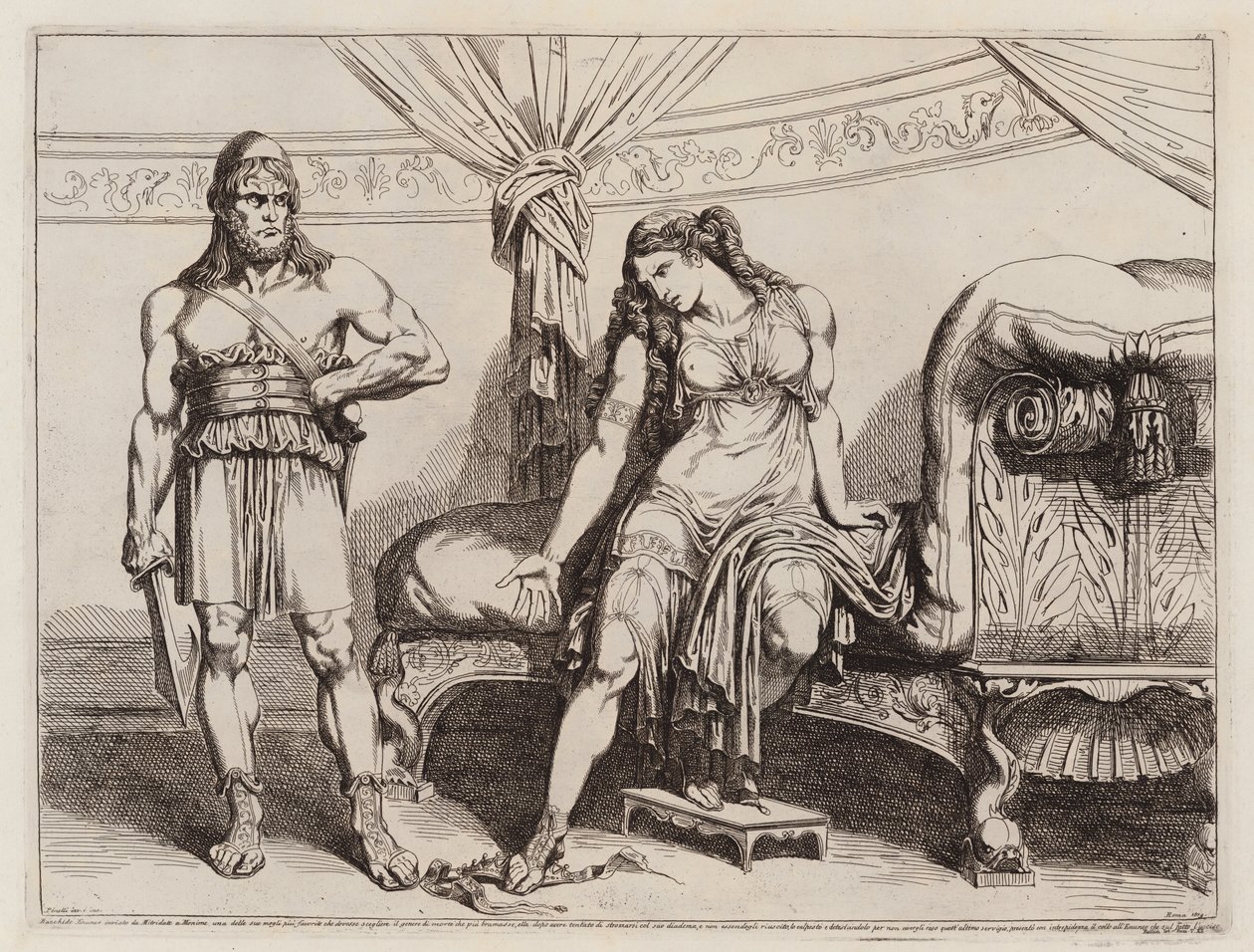 Evnukken Bacchides sendt av Mithridates VI av Pontus til sin kone Monime (etsning) av Bartolomeo Pinelli