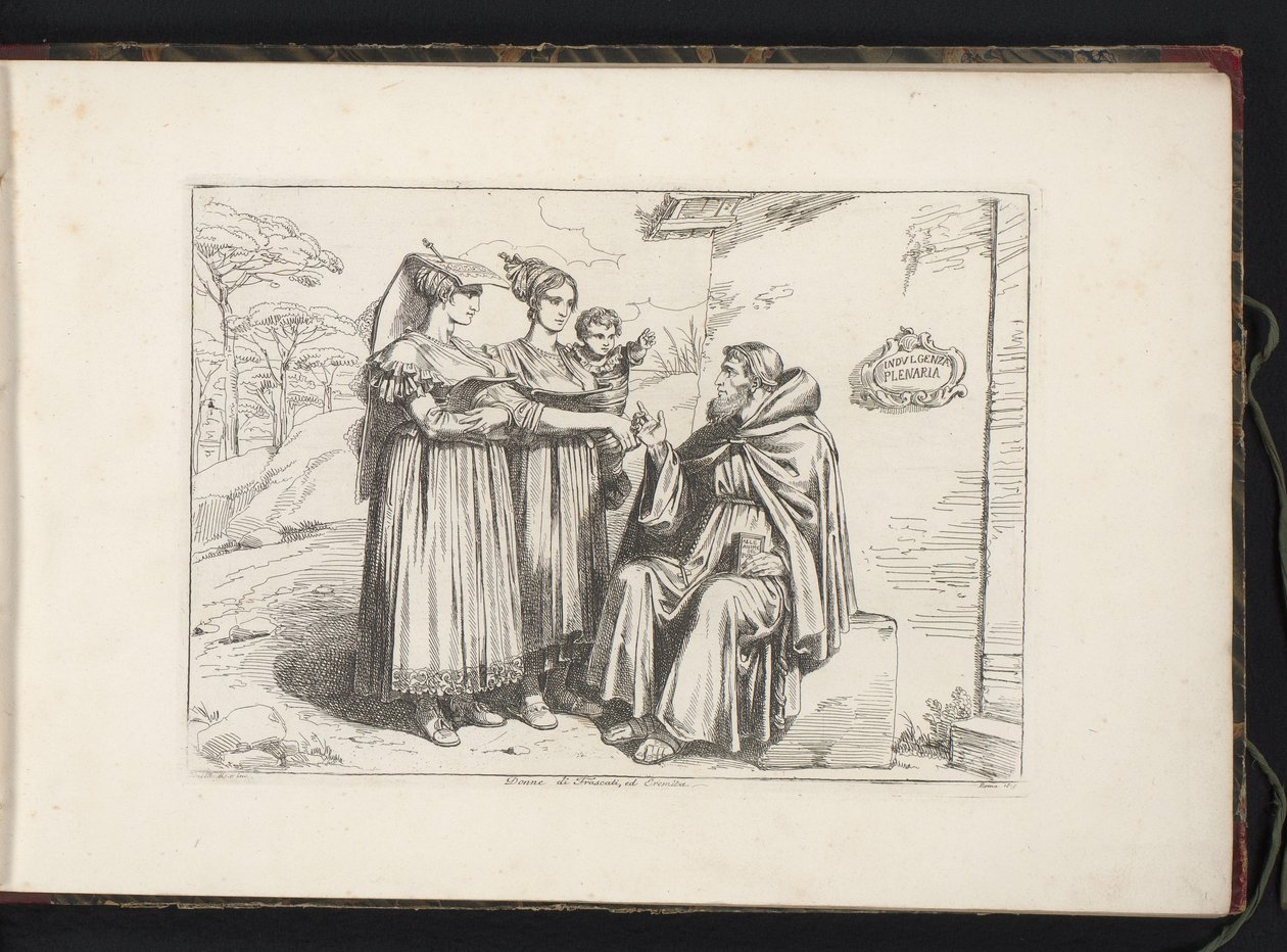To kvinner fra Frascati og en eremitt Donne di Frascati, red. Eremita (tittel på objekt) Kostymetrykk med figurer fra Roma og omegn (serietittel) Nuova raccolta di cinquanta costumi de contorni di Roma (serietittel) av Bartolomeo Pinelli