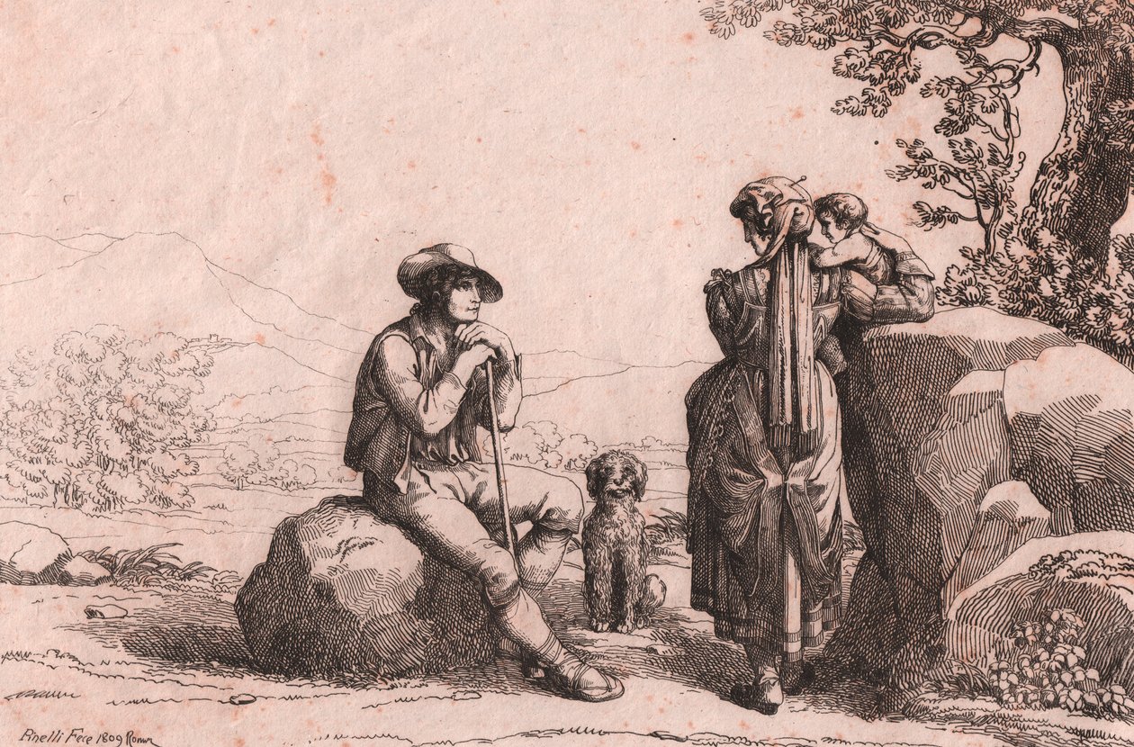 To vanlige med en baby og en hund i Fraine, Abruzzo, etsning av Bartolomeo Pinelli (Roma av Bartolomeo Pinelli