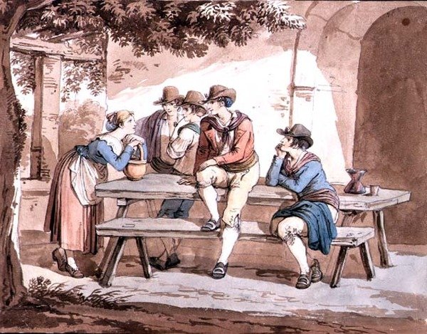 Under pergolaen (akvarell over blyant på papir) av Bartolomeo Pinelli