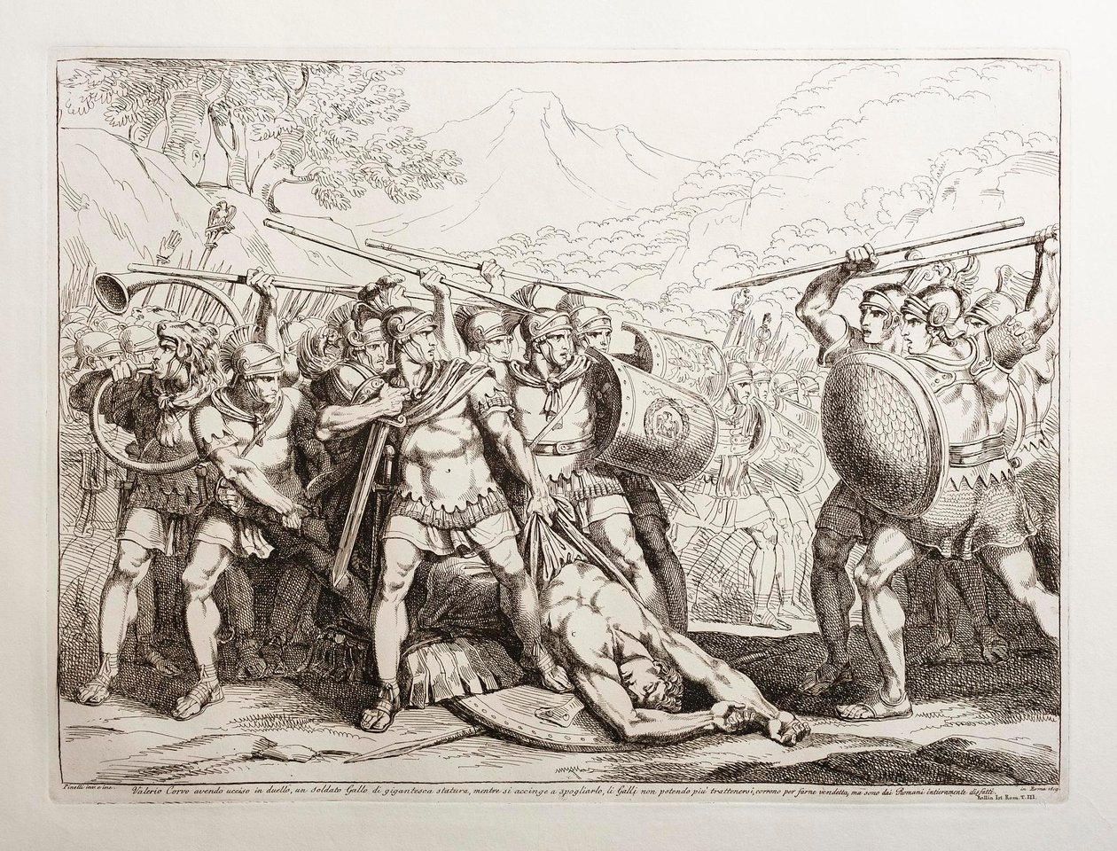 Valerius Corvus har drept en gallisk soldat av gigantisk størrelse i en duell; mens han er i ferd med å kle ham av, løper gallerne, ute av stand til å beherske seg, frem for å hevne ham, men blir fullstendig beseiret av romerne av Bartolomeo Pinelli