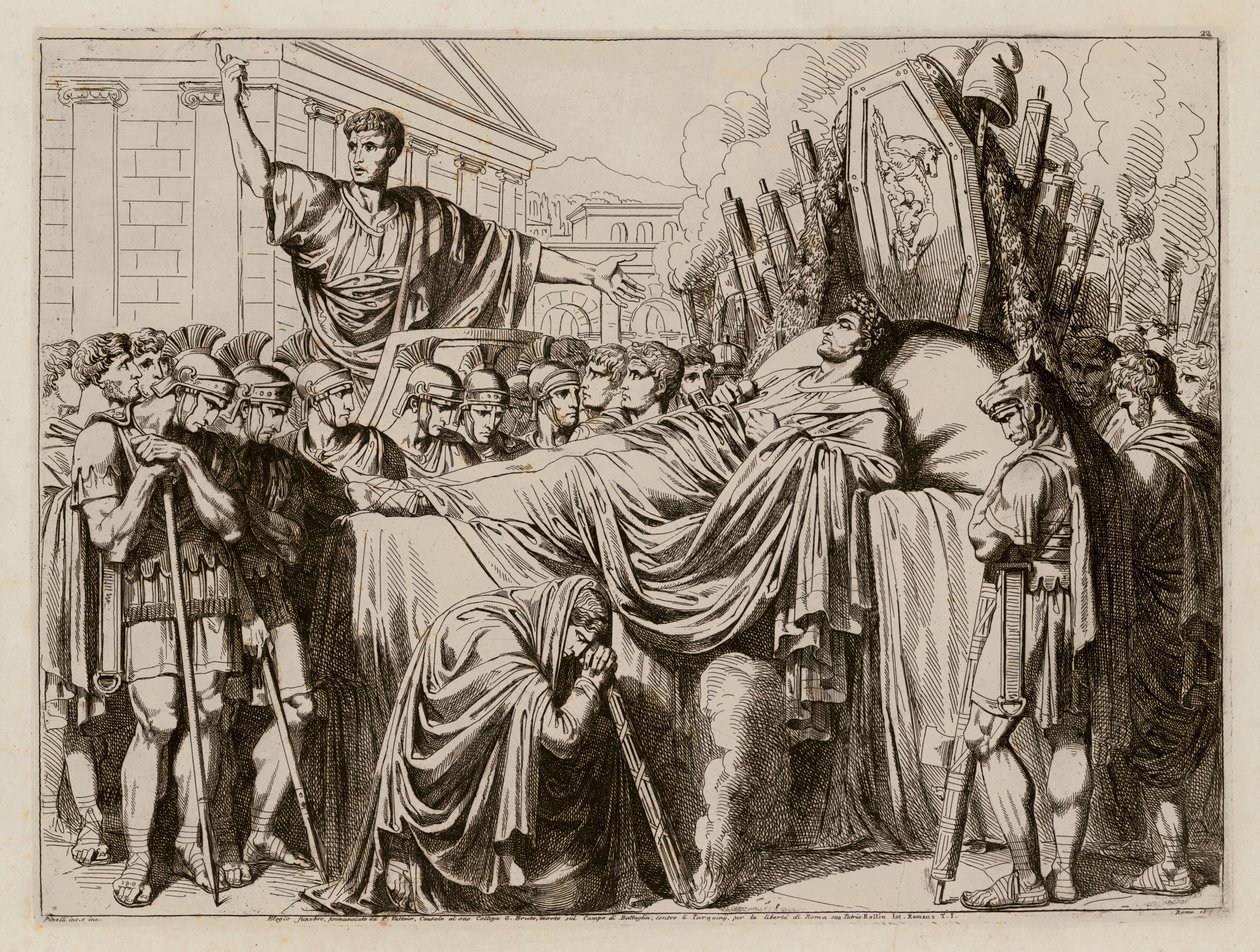 Valerius holder minnetalen i Brutus#39; begravelse, 509 f.Kr. (etsning) av Bartolomeo Pinelli