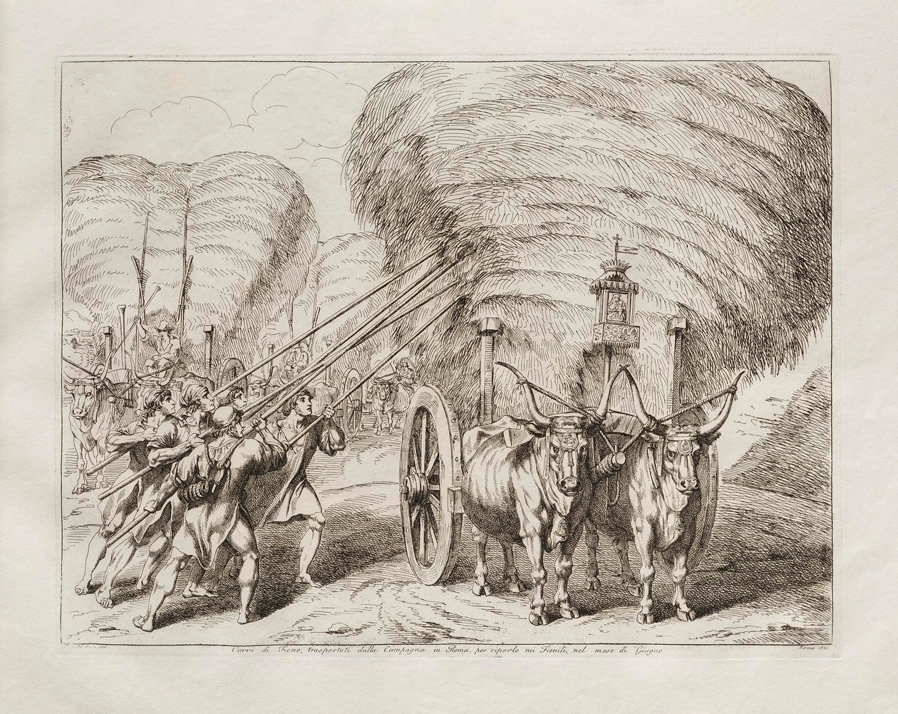Vogner med høy fraktet fra landet til Roma for å bli brakt til låvene i juni måned av Bartolomeo Pinelli