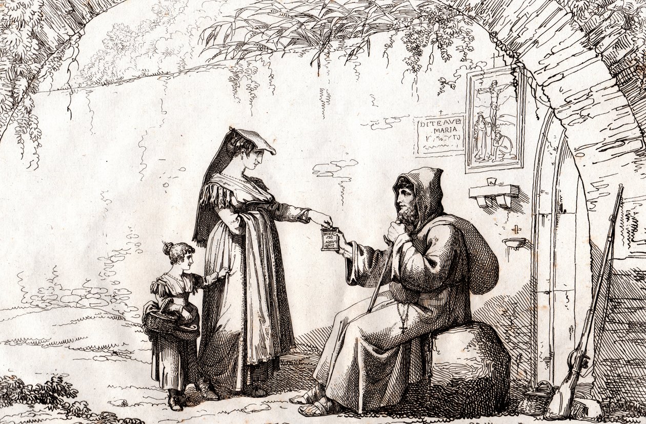 Kvinne fra Frascati og en eremitt, etsning av Bartolomeo Pinelli (Roma av Bartolomeo Pinelli