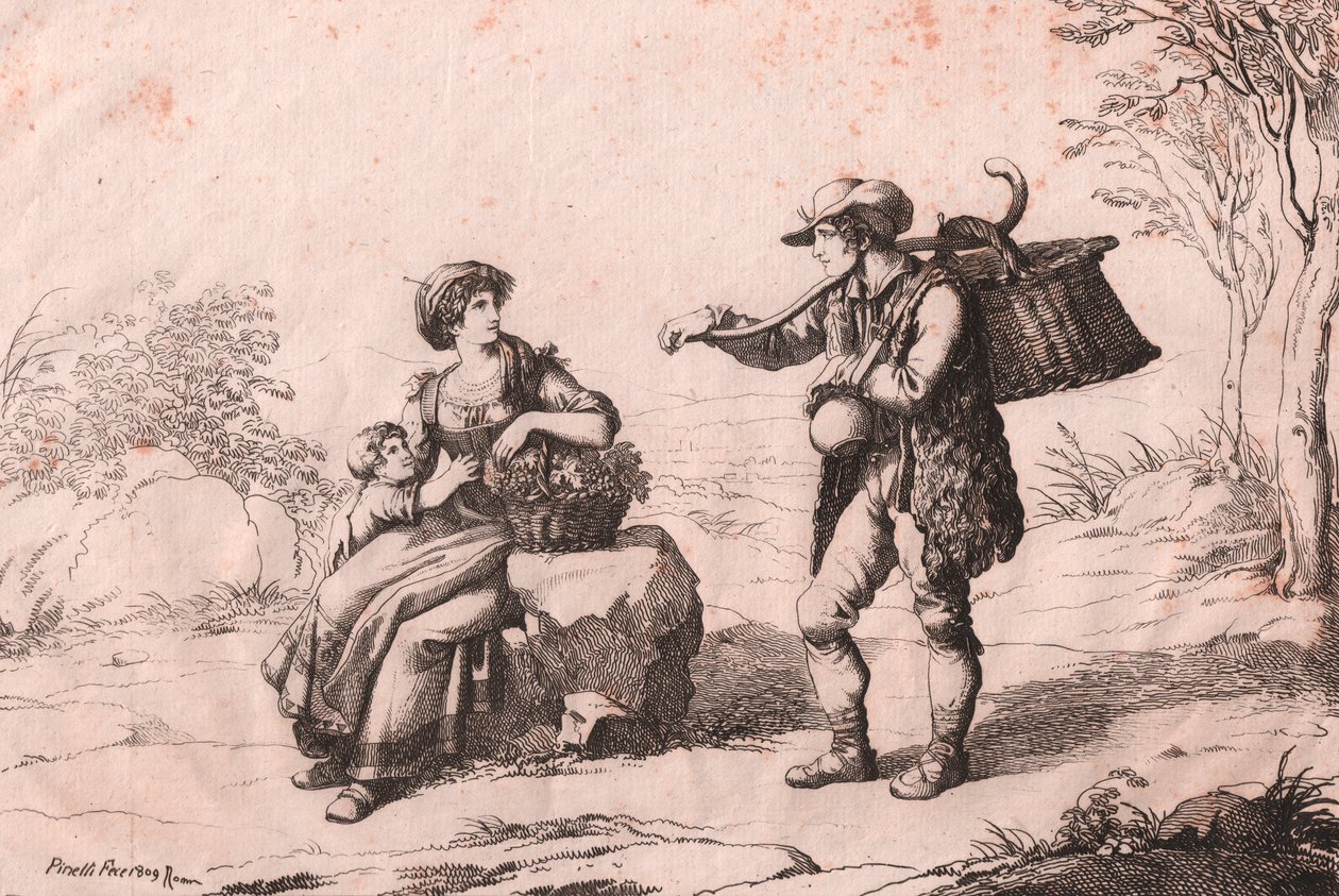 Kvinne fra Pietra Terrazzana i tradisjonelle kostymer, Abruzzo og Gioncataro (selger av caciotte-ost), etsning av Bartolomeo Pinelli (Roma) av Bartolomeo Pinelli