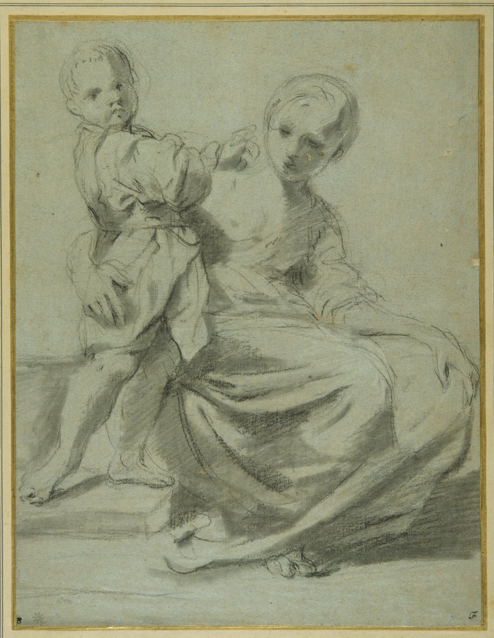 Mor og barn (svart kritt med brun vask på carta azzurra) av Bartolomeo Schedoni