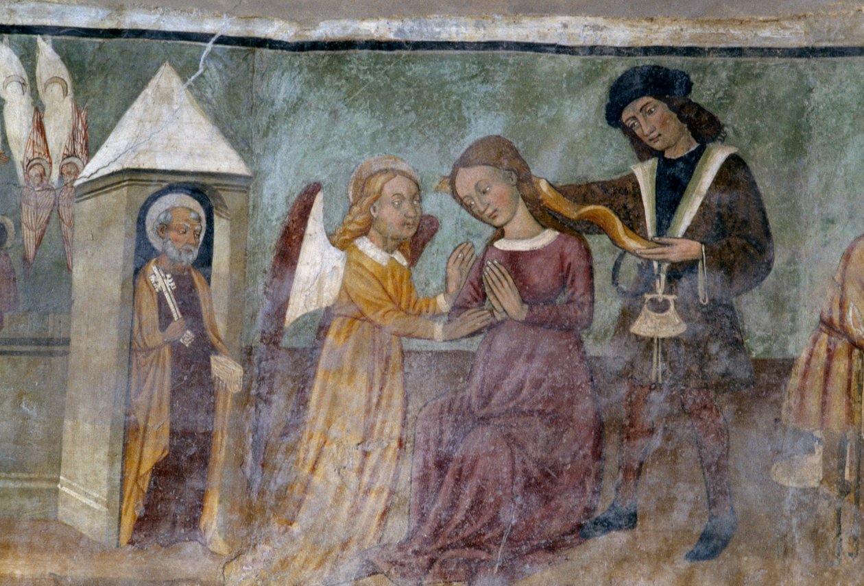 Allegorisk scene, detalj fra syklusen som skildrer kavalkaden av laster og dyder, ca 1490, av Bartolomeo Serra og Sebastiano Serra, freskomaleri, St. Stefans kapell, Giaglione, Piemonte, Italia av Bartolomeo and Serra Sebastiano Serra
