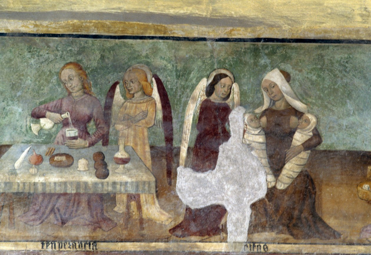 Allegorisk scene, detalj fra syklusen som skildrer kavalkaden av laster og dyder, ca 1490, av Bartolomeo Serra og Sebastiano Serra, freskomaleri, St. Stefans kapell, Giaglione, Piemonte, Italia av Bartolomeo and Serra Sebastiano Serra