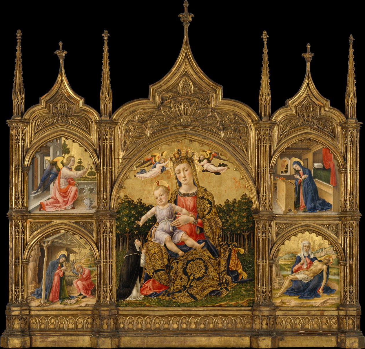 Ydmykhetens madonna, bebudelsen, fødselen og Pietà, ca. 1465 (tempera og gull på tre) av Bartolomeo Vivarini