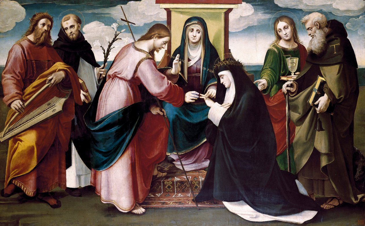 Det mystiske bryllupet til Saint Catherine av Siena med Kristus, og de hellige døperen Johannes, Antonio Abate, Dominic, kong David og jomfru Maria, ca. 1517 (olje på panel) av Bartolomeo called Bagnacavallo Ramenghi
