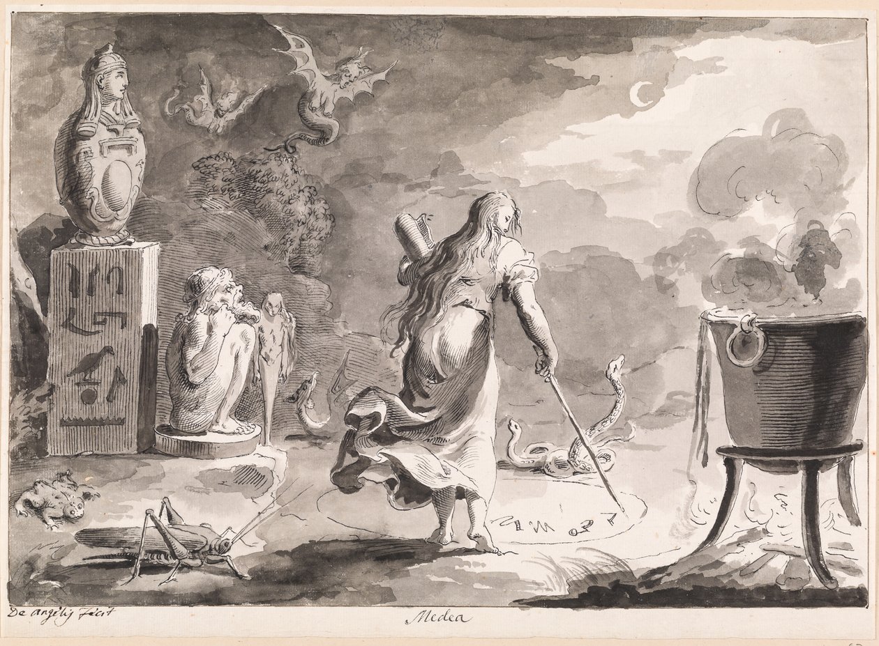 Medea. En kvinne med ryggen vendt, blant krypdyr, halvguder, en heksegryte og egyptiske guder, skriver trolldomsruner om natten i en sirkel på bakken. av Bartolomeo d