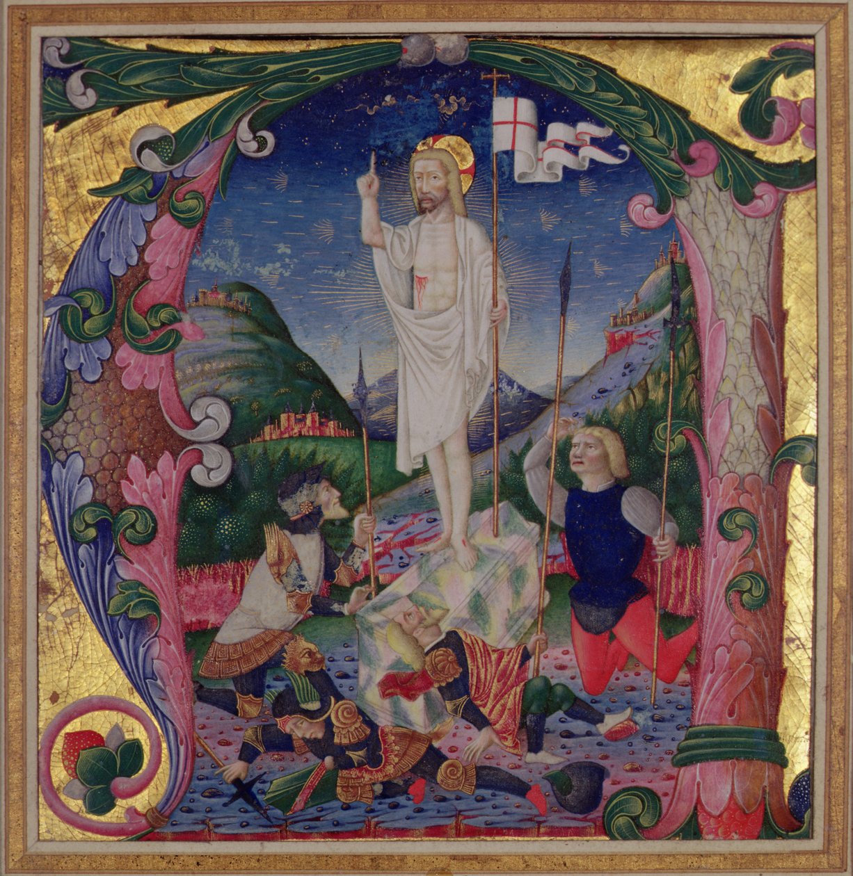 Historikert initial A som viser Kristi oppstandelse, Lombardia-skolen av Bartolomeo de Rigossi da Gallarate attr. to Bartolomeo de Rigossi da Gallarate attr. to