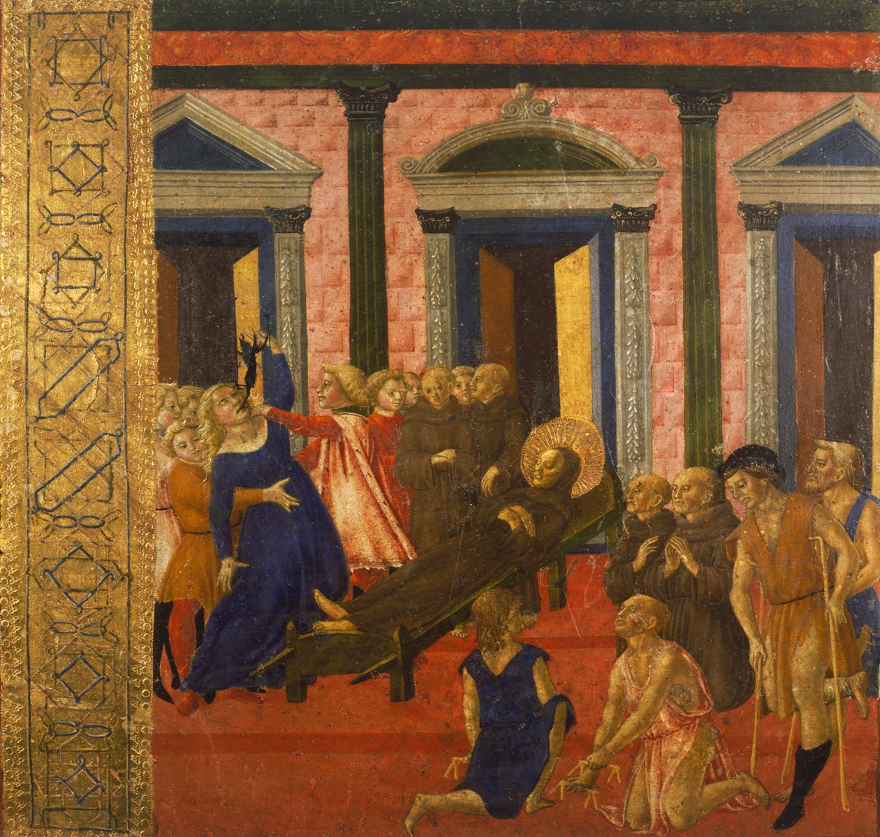 San Bernardino eksoriserer en besatt kvinne, av Neroccio di Bartolomeo (1447-1500), maleri, Palazzo Pubblico (Offentlig palass), Siena, Italia. av Bartolomeo di Neroccio