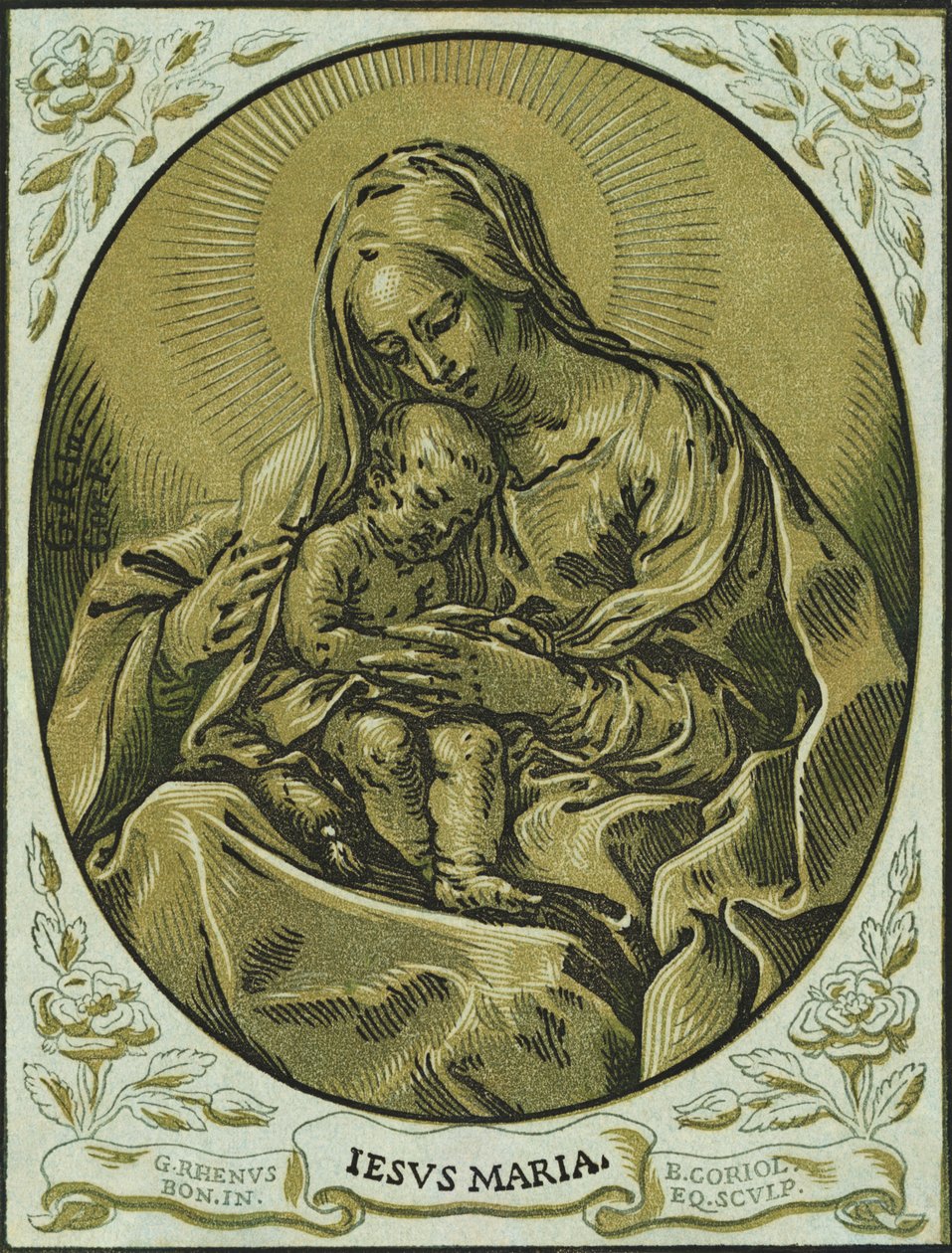 Madonna og barn, chiaroscuro tresnitt, av Bartolommeo Coriolano av Bartolommeo Coriolano