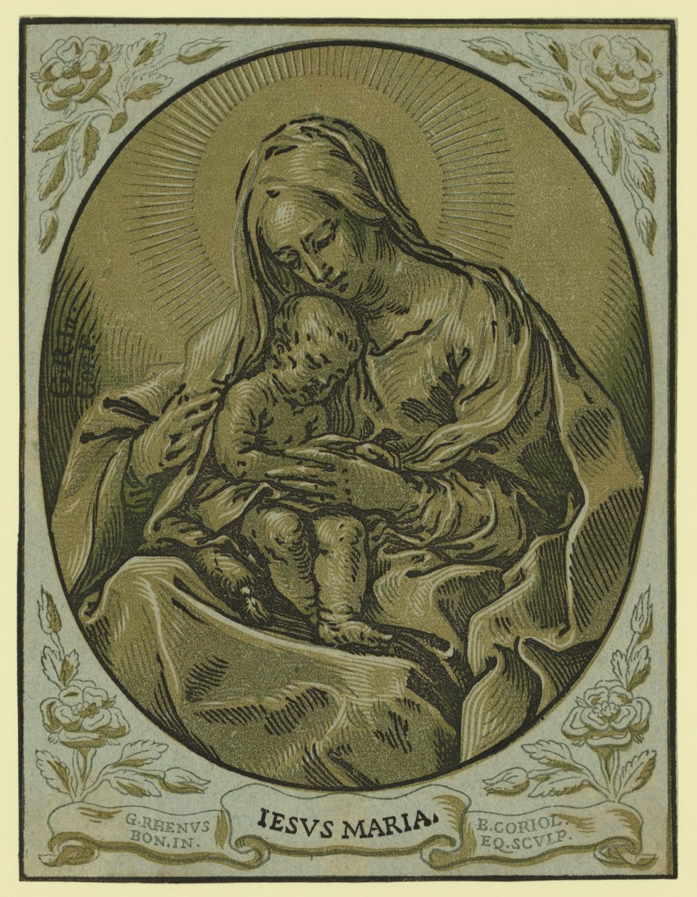 Madonna og barn, chiaroscuro tresnitt, av Bartolommeo Coriolano av Bartolommeo Coriolano