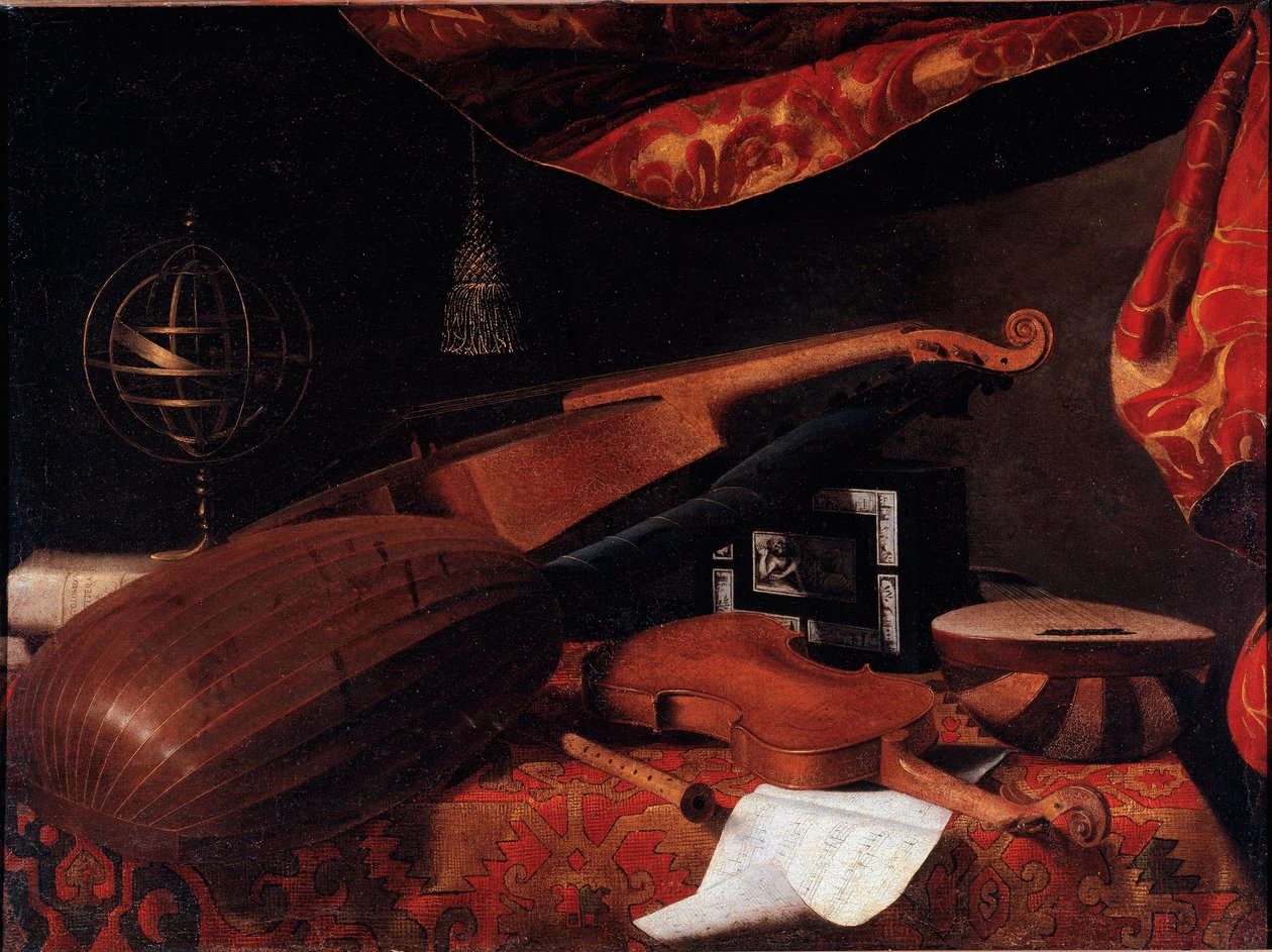 Stilleben med musikkinstrumenter (fiolin, lutt og spinett og armillarkule) - Maleri av Bartolomeo Bettera (1639-1722), ca. 1660 Olje på lerret Dim: 70,5x94,7 cm - Bergamo, Accademia Carrara av Bartolommeo Bettera