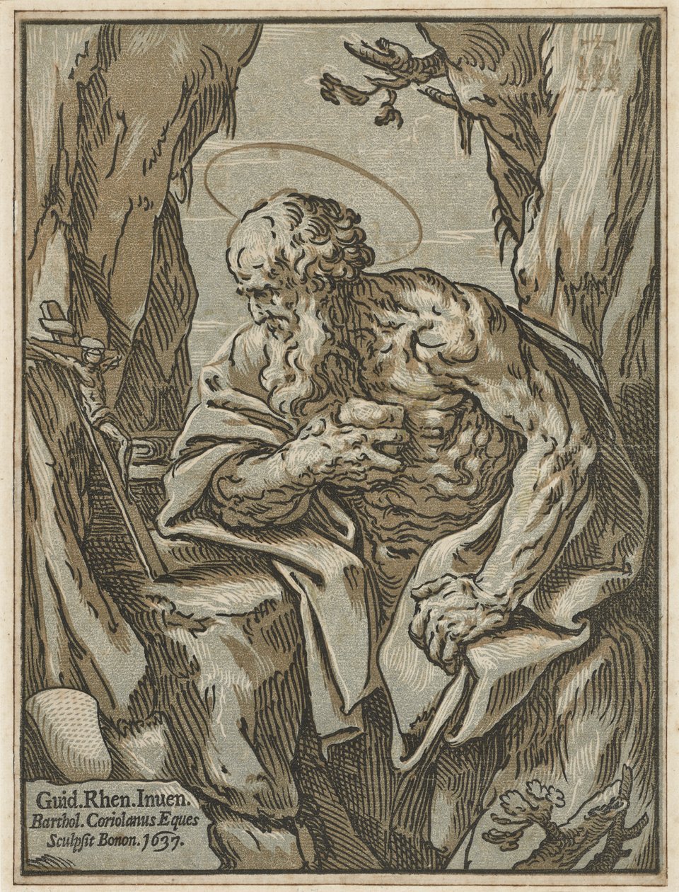 Saint Jerome, etter Guido Reni, 1637 (chiaroscuro tresnitt fra tre blokker på lagt papir) av Bartolommeo Coriolano