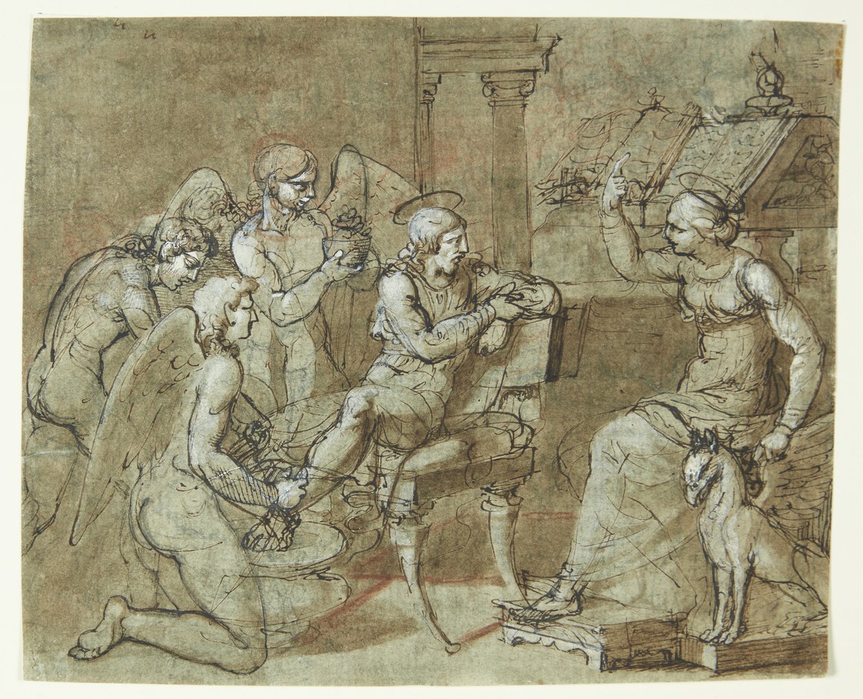 En mannlig helgen blir vasket og tatt vare på av engler mens han lytter til en kvinnelig helgen som sitter foran en talerstol og peker oppover. St. Sebastian på St. Irene? av Bartolommeo Letterini