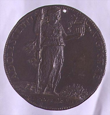 Portrettmedalje som viser en kvinneskikkelse som holder en stav (bronse) (for bakside se 96845) av Bartolommeo Melioli