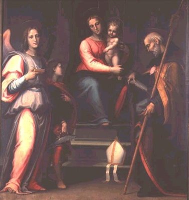 Madonna og barn med de hellige Augustine, Tobias og erkeengelen Rafael av Bartolommeo Sogliani