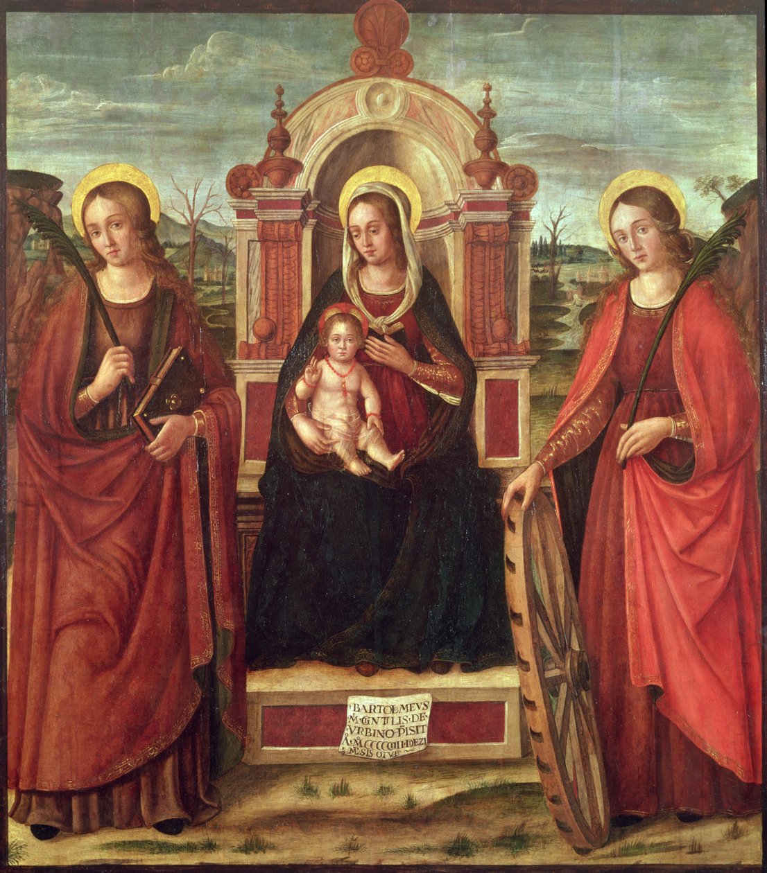 Madonna og barn tronet med den hellige Katarina av Alexandria og en hellig kvinnelig martyr (panel) av Bartolommeo de Gentile de Urbino