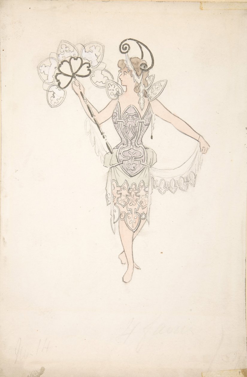 Kostymedesign for dame med vifte, 1890-99. av Basil Crage