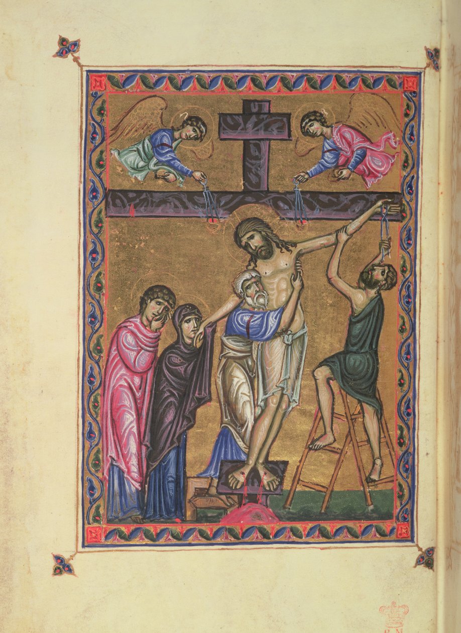 Nedstigningen fra korset, fol. 8b fra MS Egerton 1139, Psalter of Queen Melisende, Jerusalem av Basilius Basilius