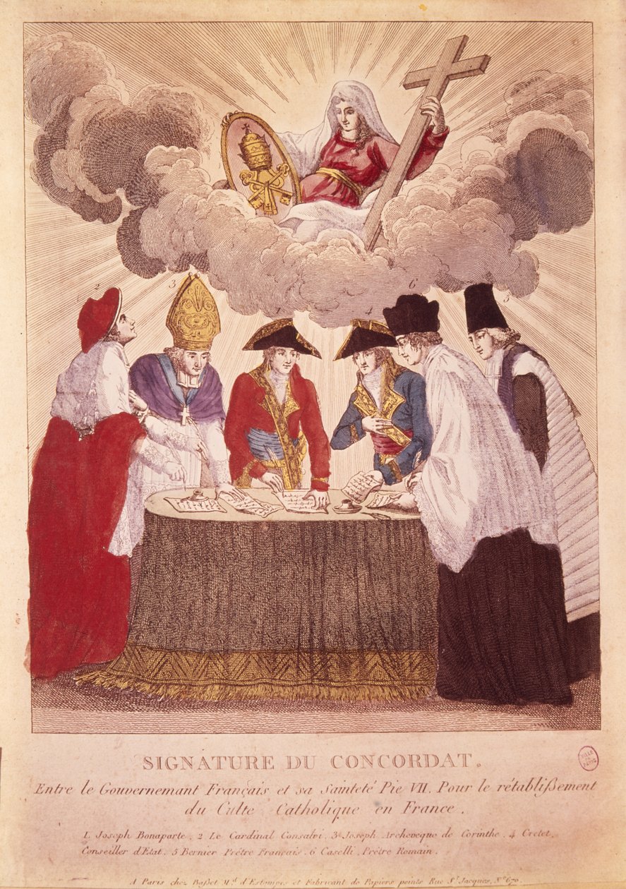 Signering av konkordatet mellom Napoleon og pave Pius VII, 15. juli 1801 (kobberstikk) av Basset